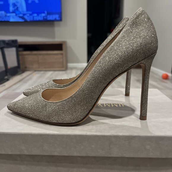 Jimmy Choo Romy 100 Platinum Ice Dusty Glitter Pointy Toe Pumps - Picture 4 of 8